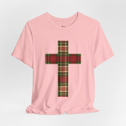 Plaid Cross Christmas Tee – Rustic Faith Holiday T-Shirt