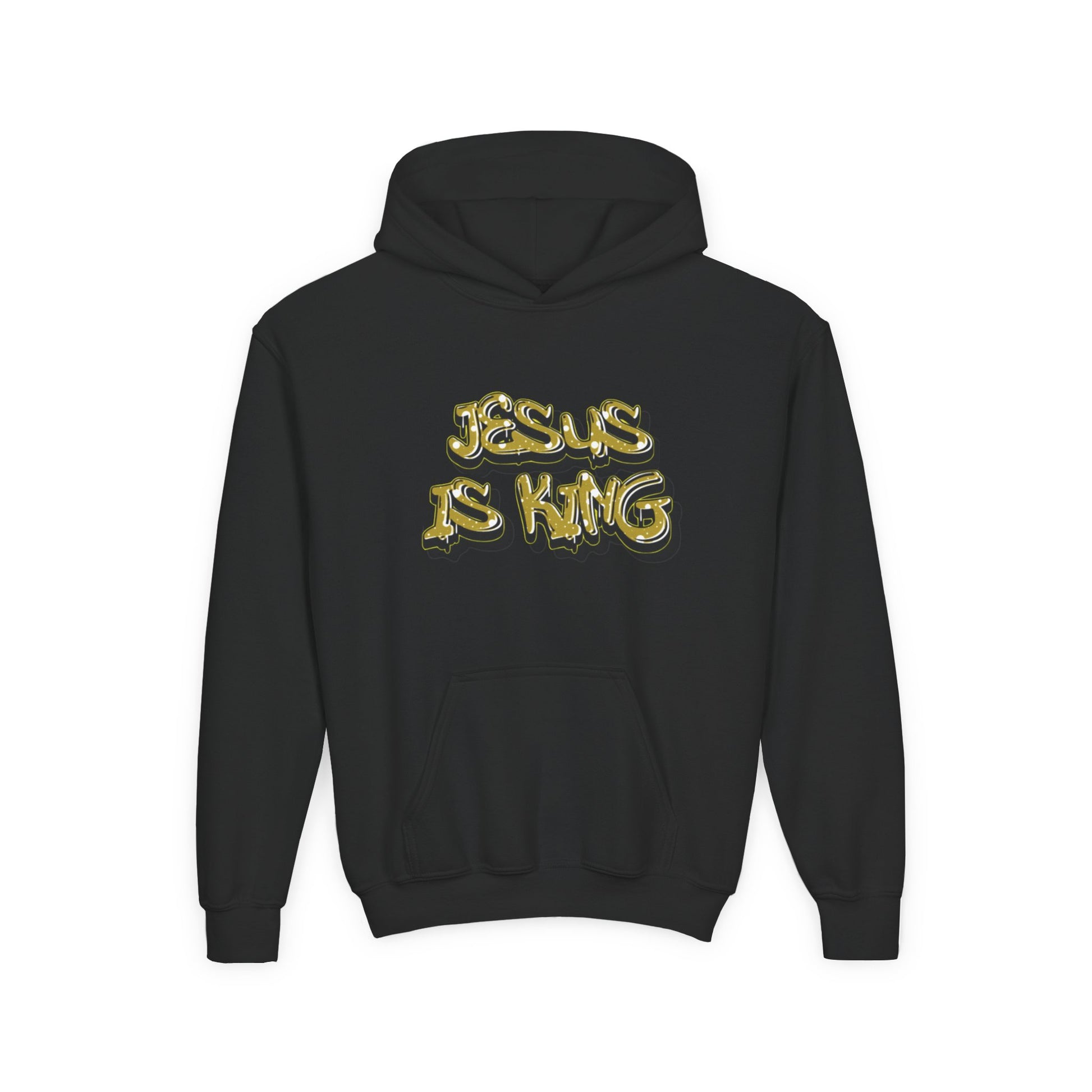 Youth gold on black 'Jesus Is King' hoodie, urban Christian apparel for young believers.


