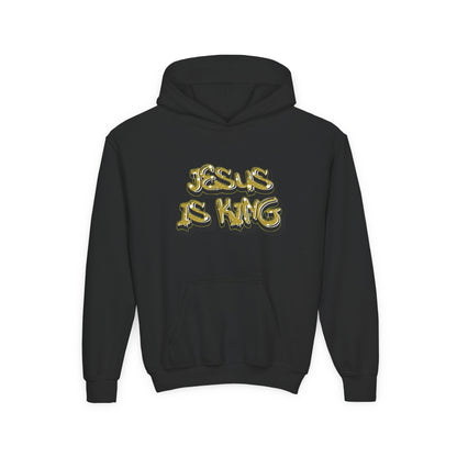 Youth gold on black 'Jesus Is King' hoodie, urban Christian apparel for young believers.

