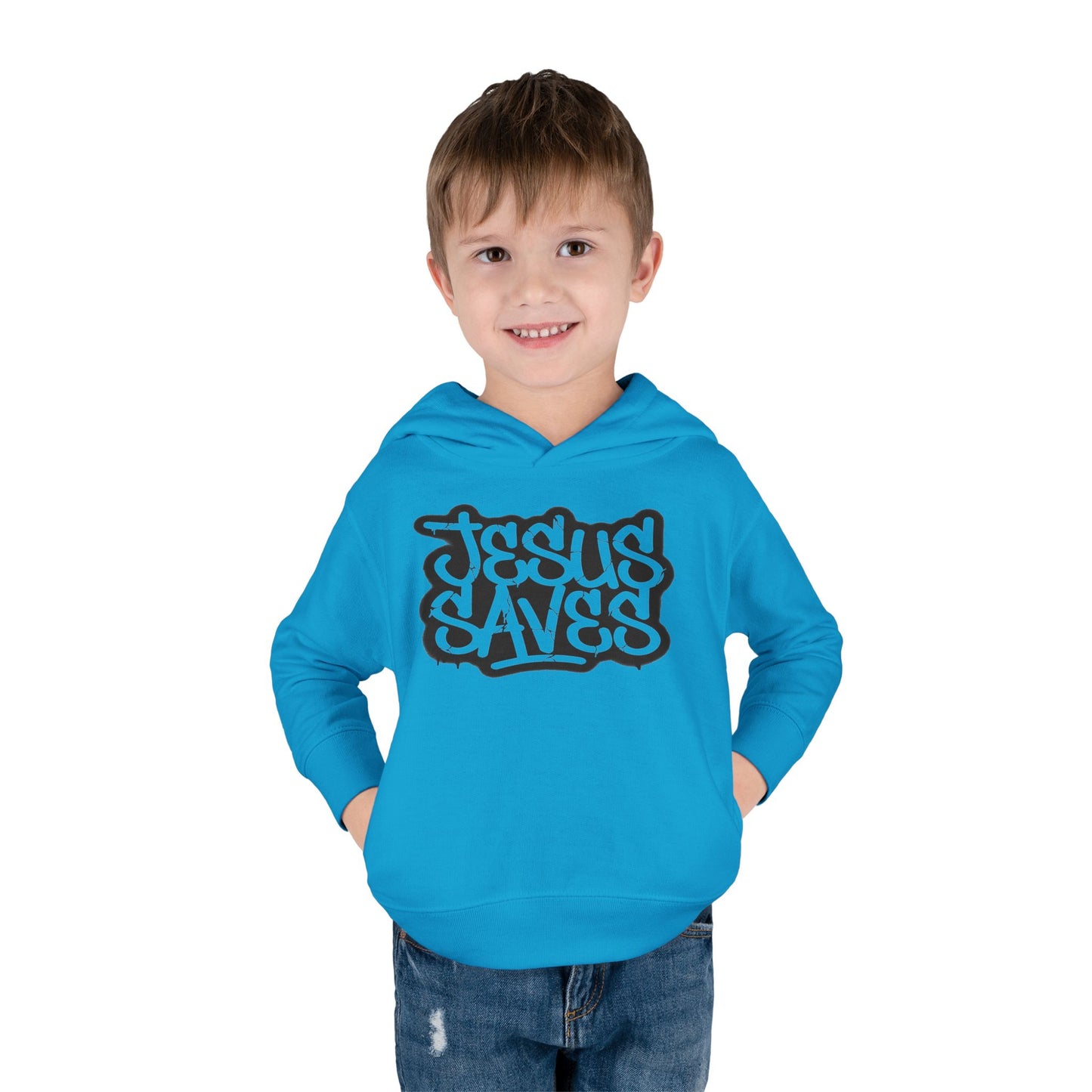 Jesus Saves graffiti youth hoodie front view blue