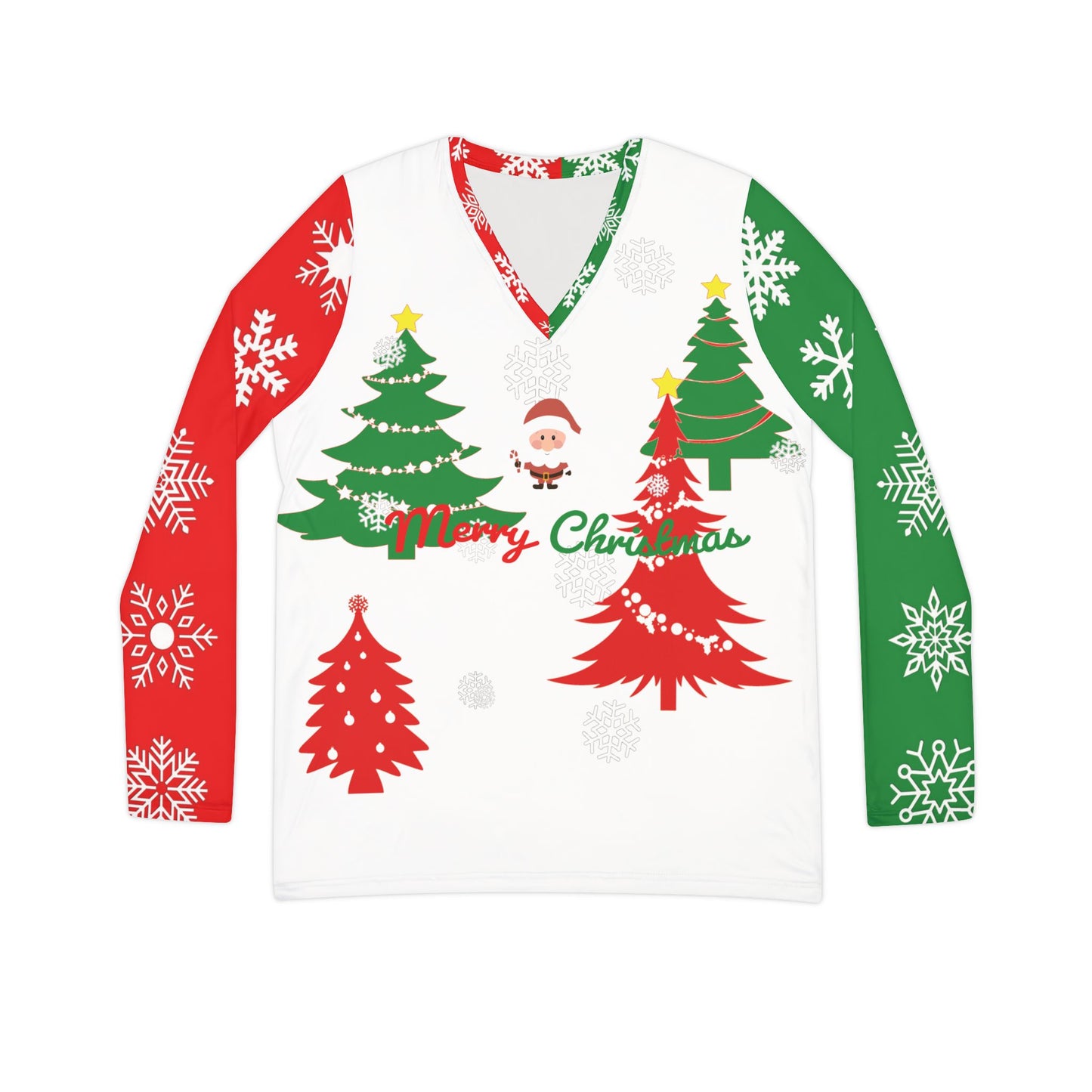 Women's Merry Christmas V-Neck Long Sleeve Shirt - Festive Santa Tree Sweater Top, Holiday Graphic Tee for Cozy Winter Outfits