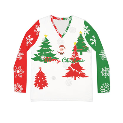 Women's Merry Christmas V-Neck Long Sleeve Shirt - Festive Santa Tree Sweater Top, Holiday Graphic Tee for Cozy Winter Outfits