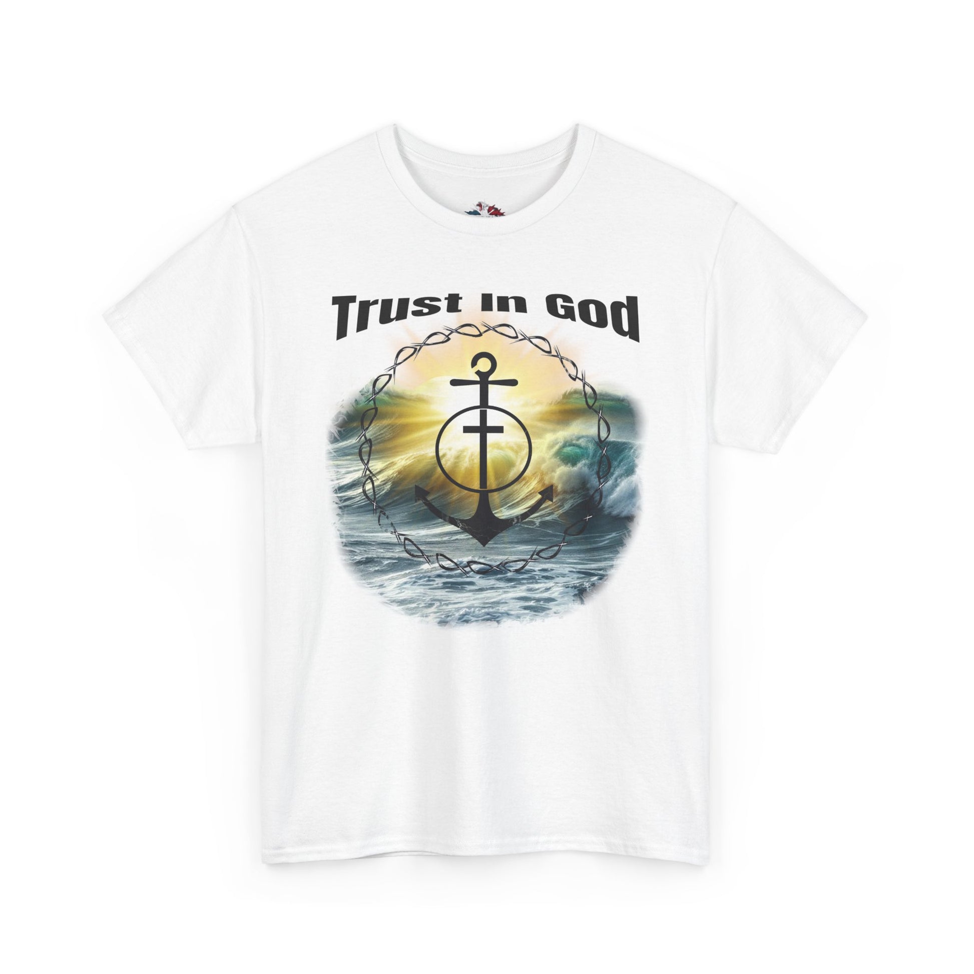 Trust in God Anchor Cross Christian T-Shirt with glowing anchor and stormy waves – Hebrews 6:19 faith apparel on white tee

