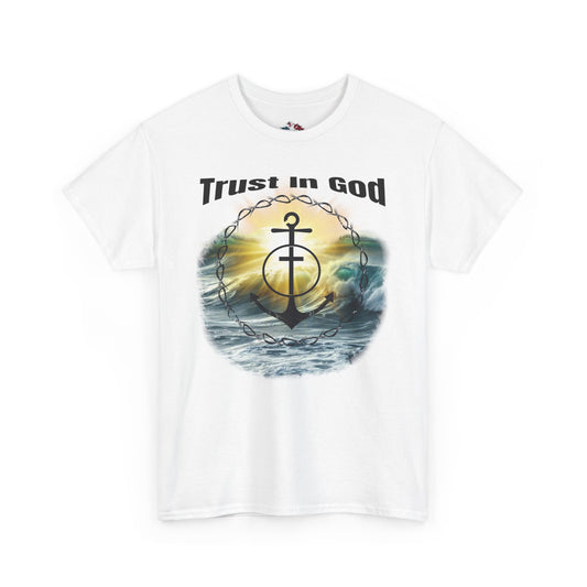 Trust in God Anchor Cross Christian T-Shirt with glowing anchor and stormy waves – Hebrews 6:19 faith apparel on white tee

