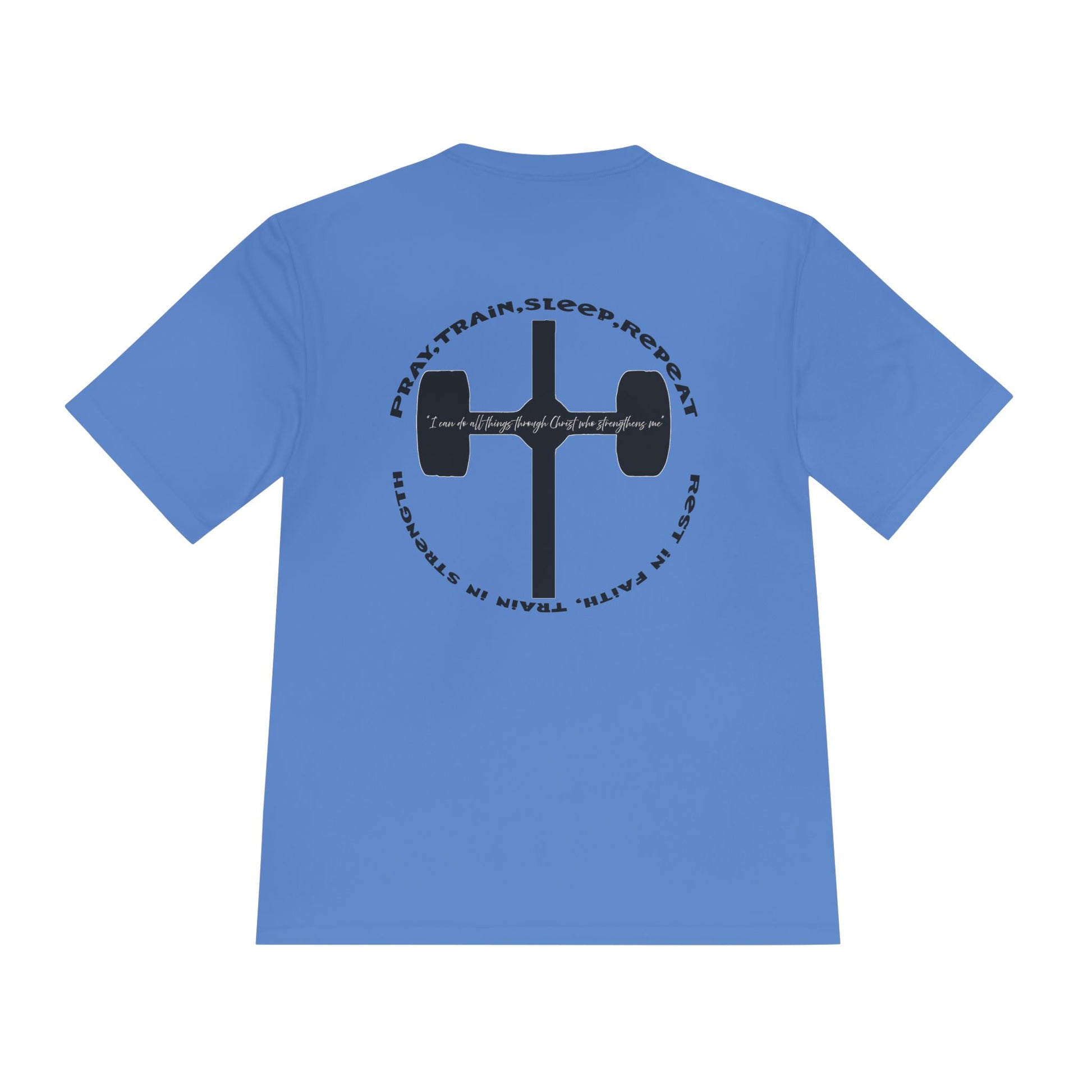 Men's black moisture-wicking performance tee with 'Pray, Train, Sleep, Repeat' text and barbell-cross graphic, Christian fitness apparel.

