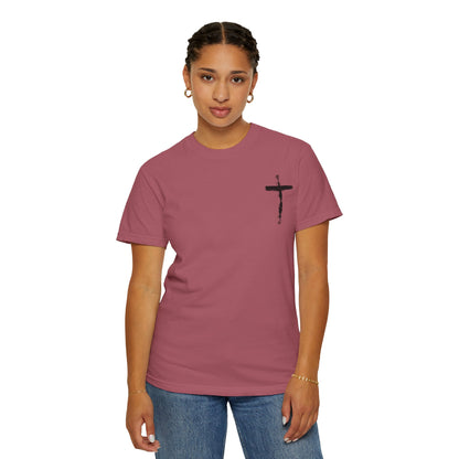 Men's white T-shirt with black cross and John 3:16 Bible verse, Christian faith apparel.

