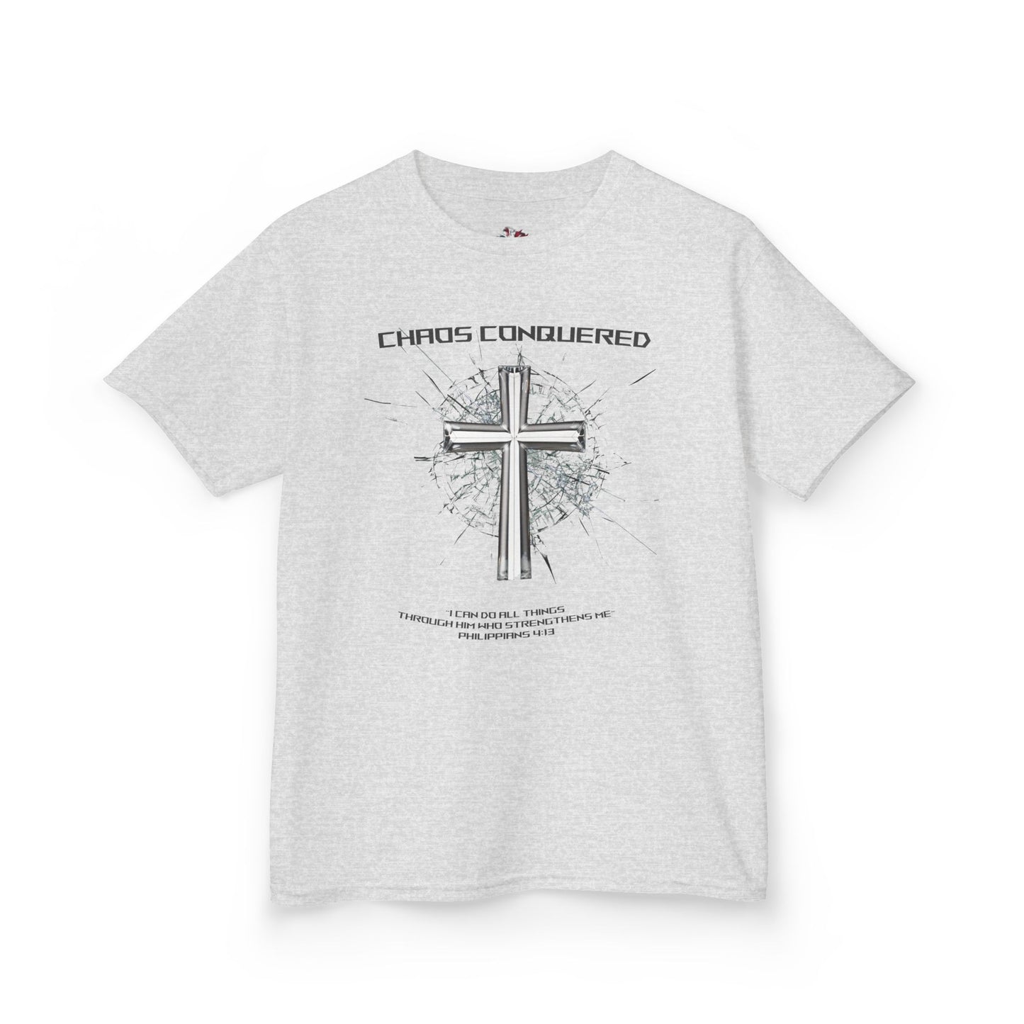 Chaos Conquered Christian Kids T-Shirt | Philippians 4:13 Boys Faith Tee – Inspirational Bible Verse Apparel for Young Warriors