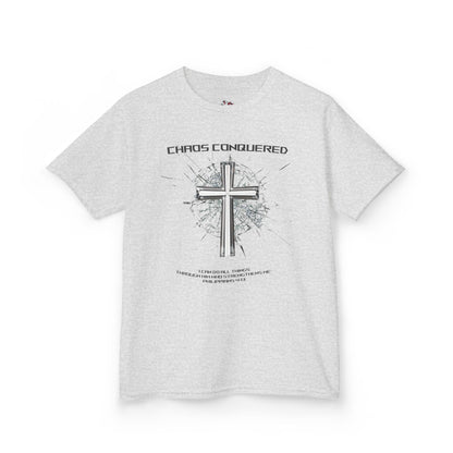 Chaos Conquered Christian Kids T-Shirt | Philippians 4:13 Boys Faith Tee – Inspirational Bible Verse Apparel for Young Warriors