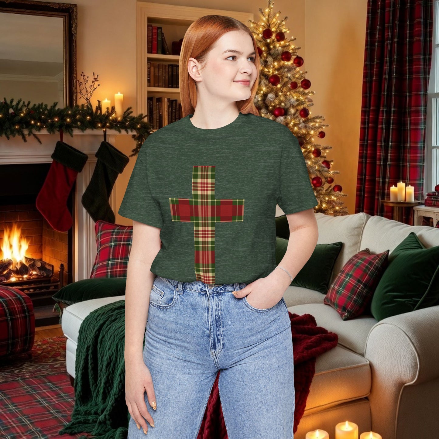 Plaid Cross Christmas Tee – Rustic Faith Holiday T-Shirt