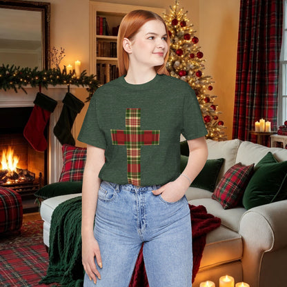 Plaid Cross Christmas Tee – Rustic Faith Holiday T-Shirt