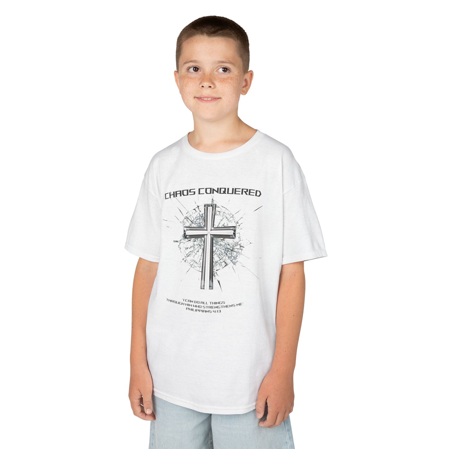 Chaos Conquered Christian Kids T-Shirt | Philippians 4:13 Boys Faith Tee – Inspirational Bible Verse Apparel for Young Warriors