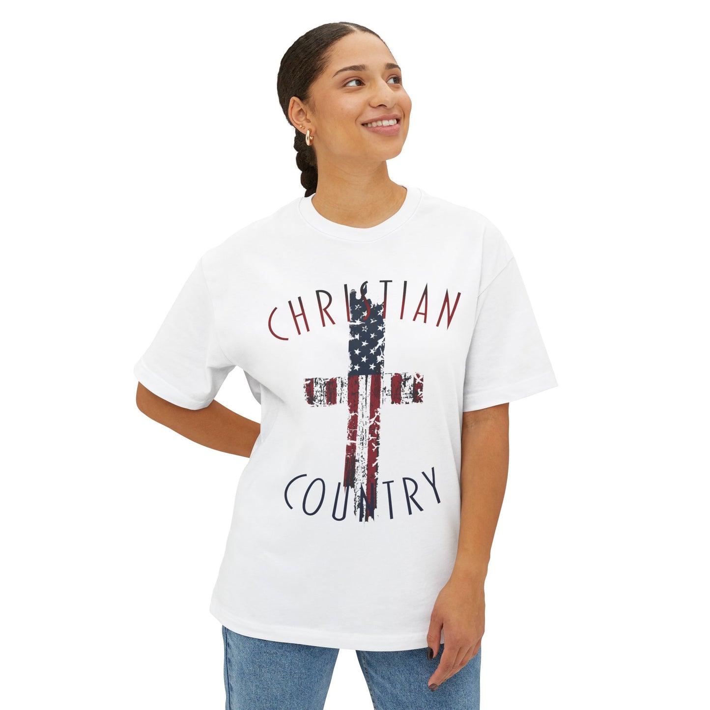Christian Country American Flag Cross Oversized Box T-Shirt