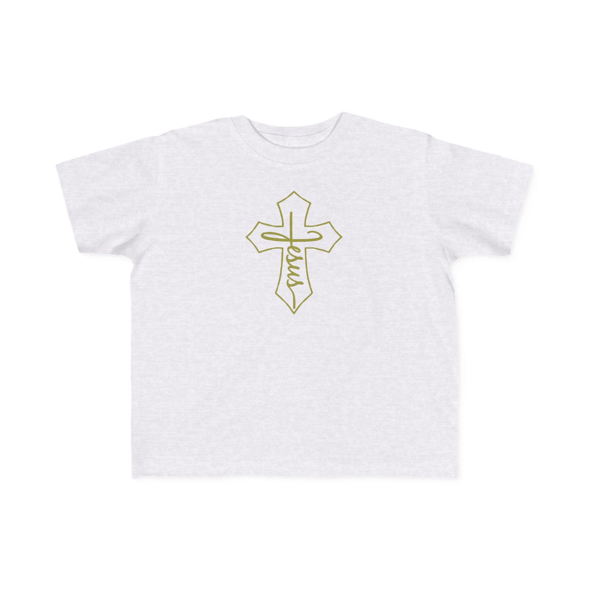 White t-shirt with a gold cross design on a white background