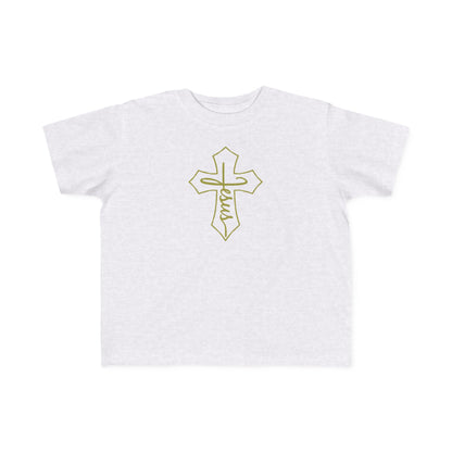 White t-shirt with a gold cross design on a white background