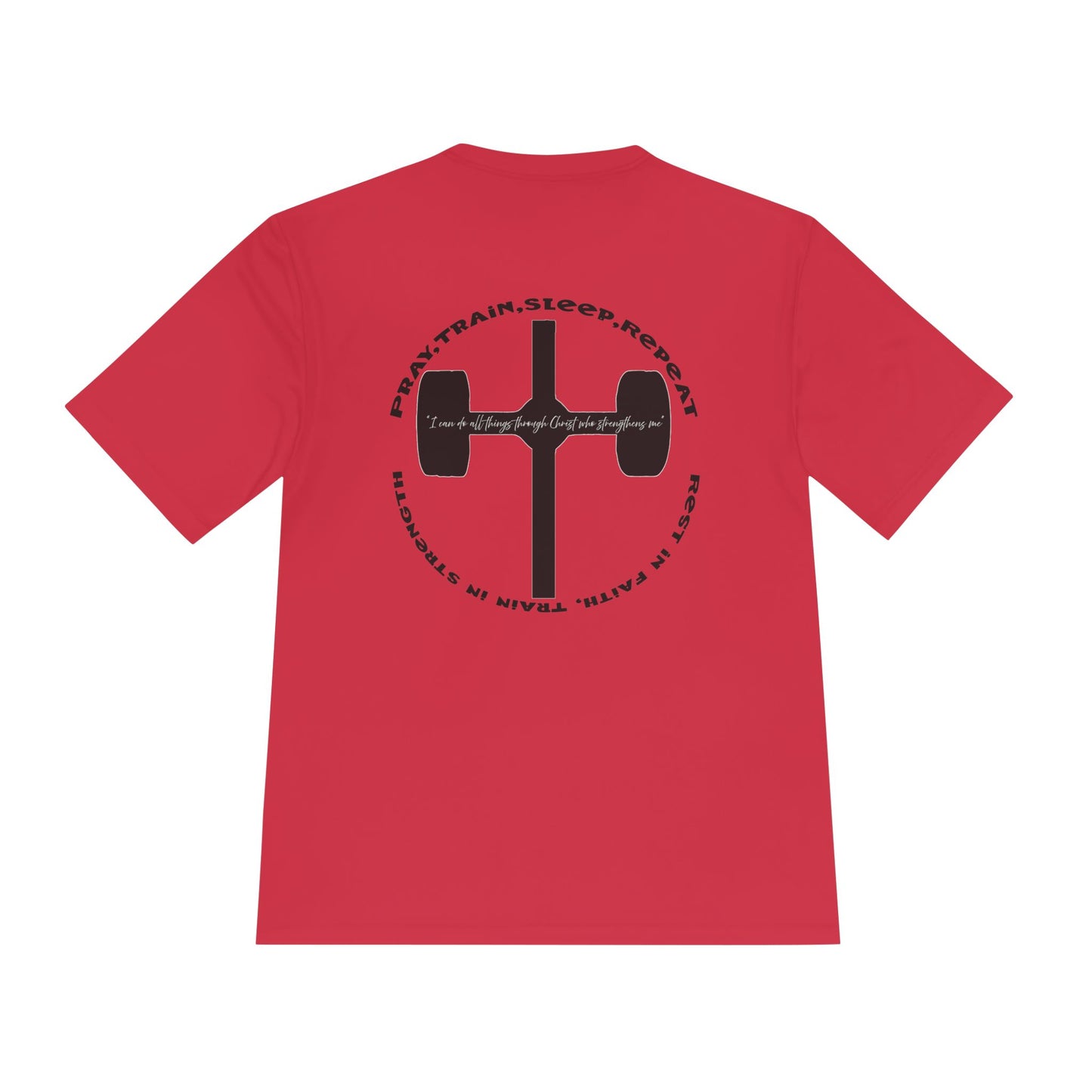 Men's black moisture-wicking performance tee with 'Pray, Train, Sleep, Repeat' text and barbell-cross graphic, Christian fitness apparel.

