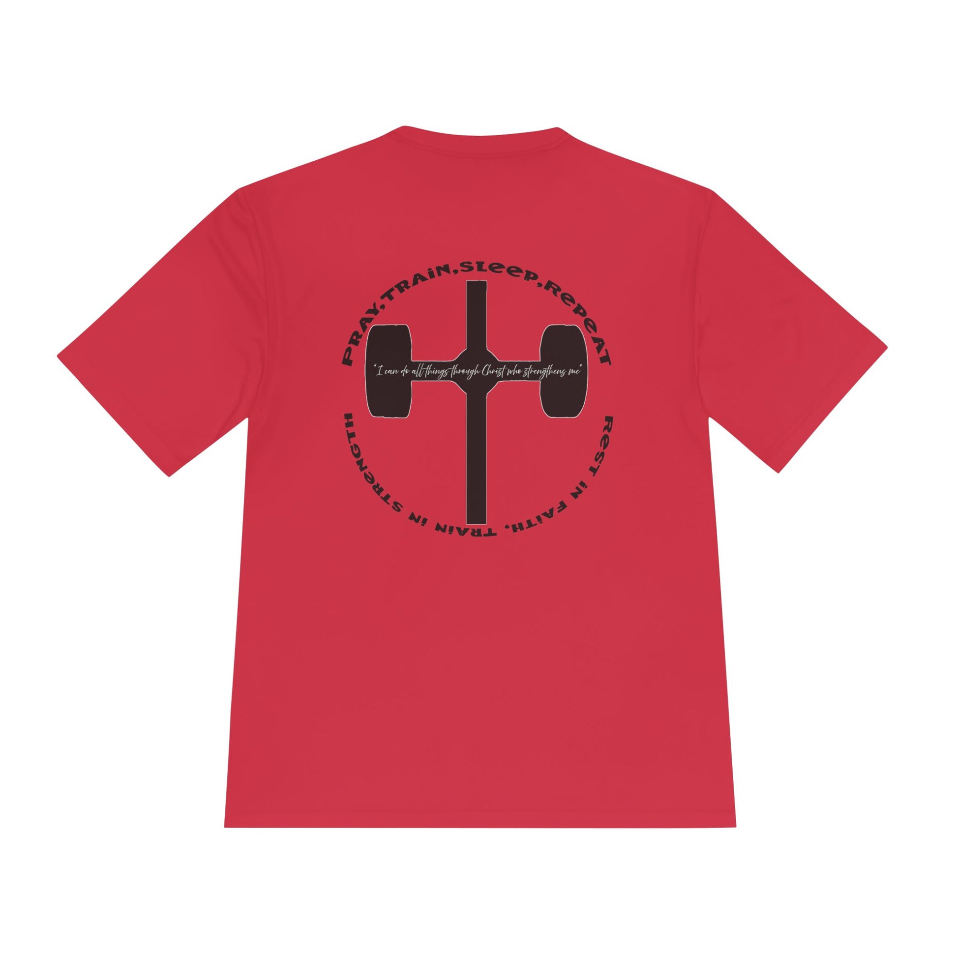 Men's black moisture-wicking performance tee with 'Pray, Train, Sleep, Repeat' text and barbell-cross graphic, Christian fitness apparel.


