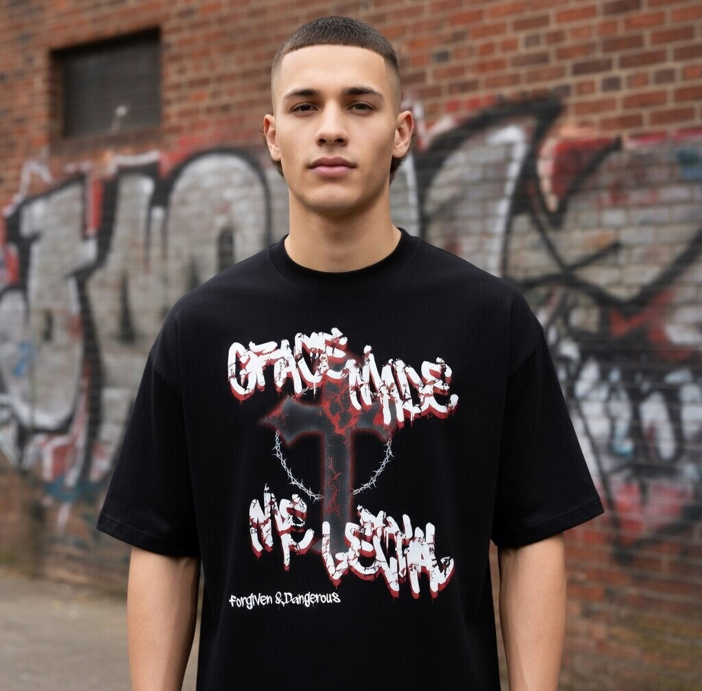 Black Grace Made Me Lethal t-shirt with red and white graffiti cross and barbed wire design from Forgiven & Dangerous collection

