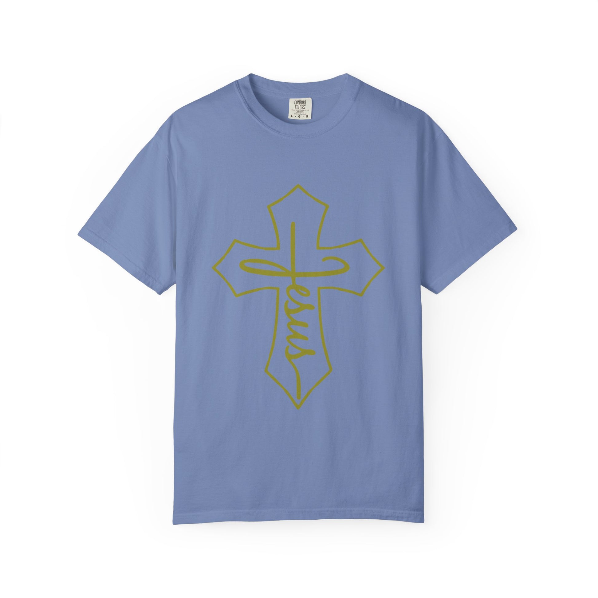Blue t-shirt with a yellow cross and 'Jesus' on a white background