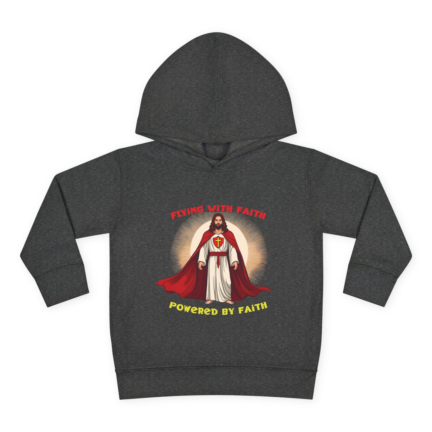 Toddler blue hoodie with Flying with Faith text and superhero Jesus graphic, vibrant Christian kids apparel

