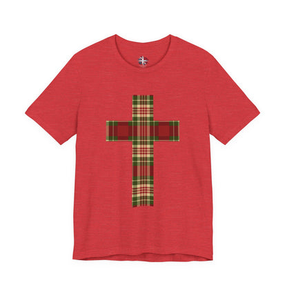 Plaid Cross Christmas Tee – Rustic Faith Holiday T-Shirt