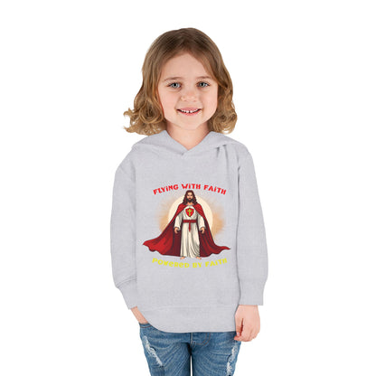 Toddler blue hoodie with Flying with Faith text and superhero Jesus graphic, vibrant Christian kids apparel

