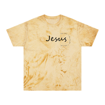 Beige tie-dye t-shirt with 'Jesus' text on a white background