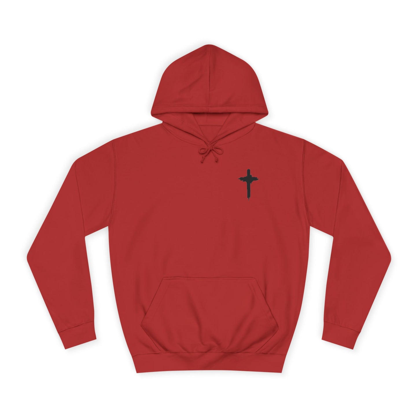 Red hoodie with a black cross on a white background