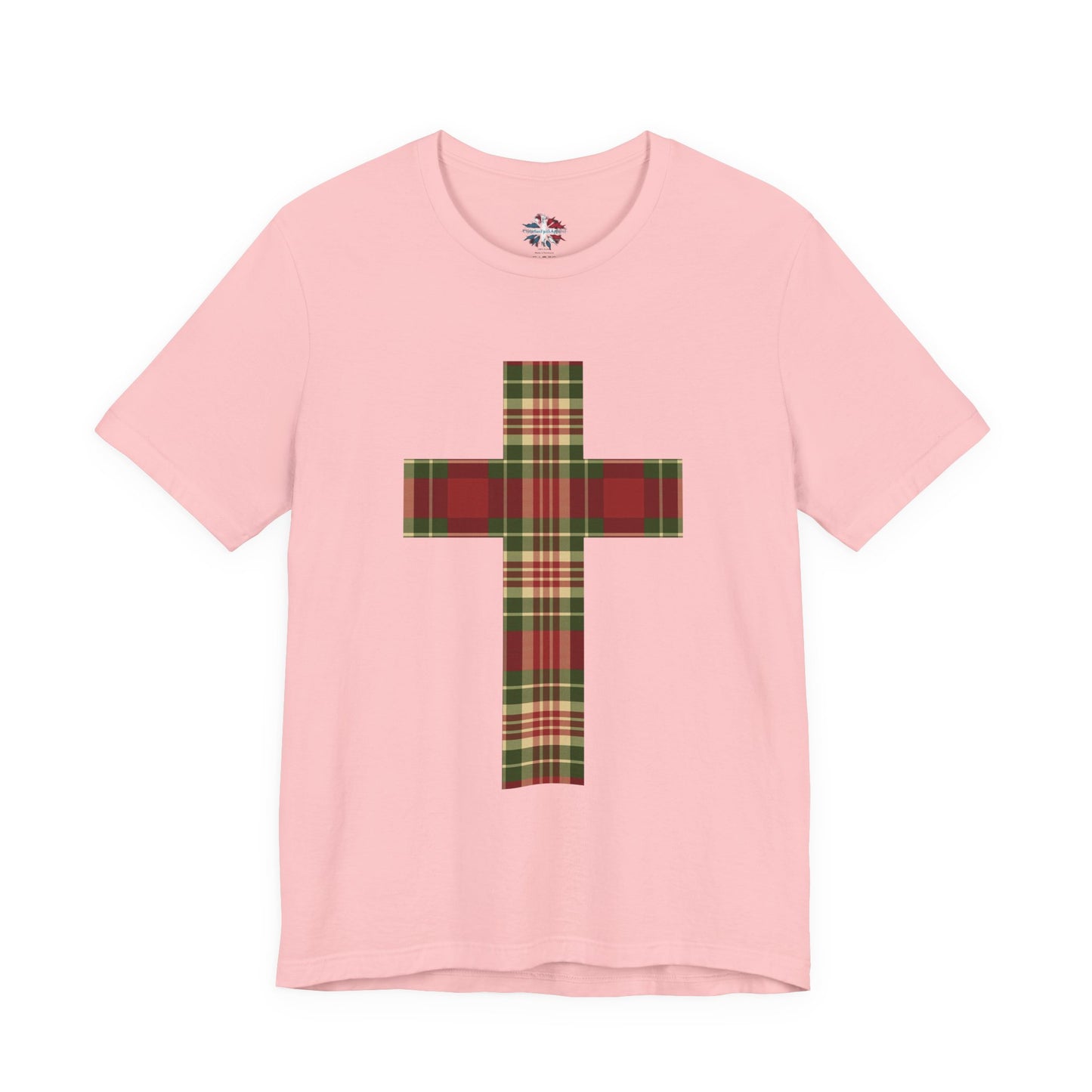 Plaid Cross Christmas Tee – Rustic Faith Holiday T-Shirt
