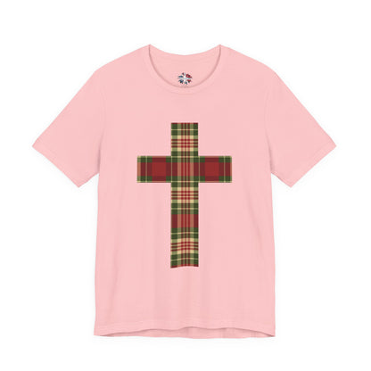 Plaid Cross Christmas Tee – Rustic Faith Holiday T-Shirt