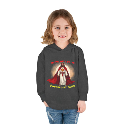 Toddler blue hoodie with Flying with Faith text and superhero Jesus graphic, vibrant Christian kids apparel

