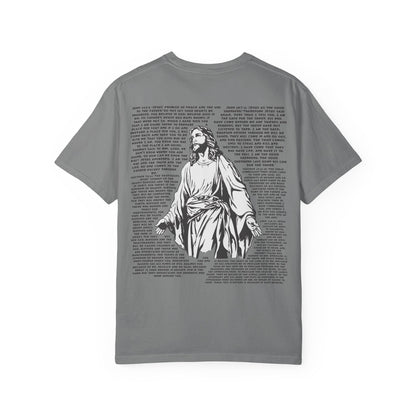 Men's white T-shirt with black cross and John 3:16 Bible verse, Christian faith apparel.


