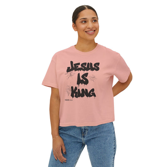 Forgiven & Dangerous Jesus Is King graffiti t-shirt in peachy pink on warrior model  

