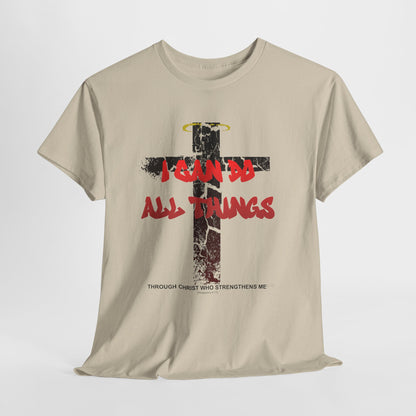 Shattered Cross Graffiti Philippians 4:13 Christian t-shirt with red distressed text integrated into cracked cross  

