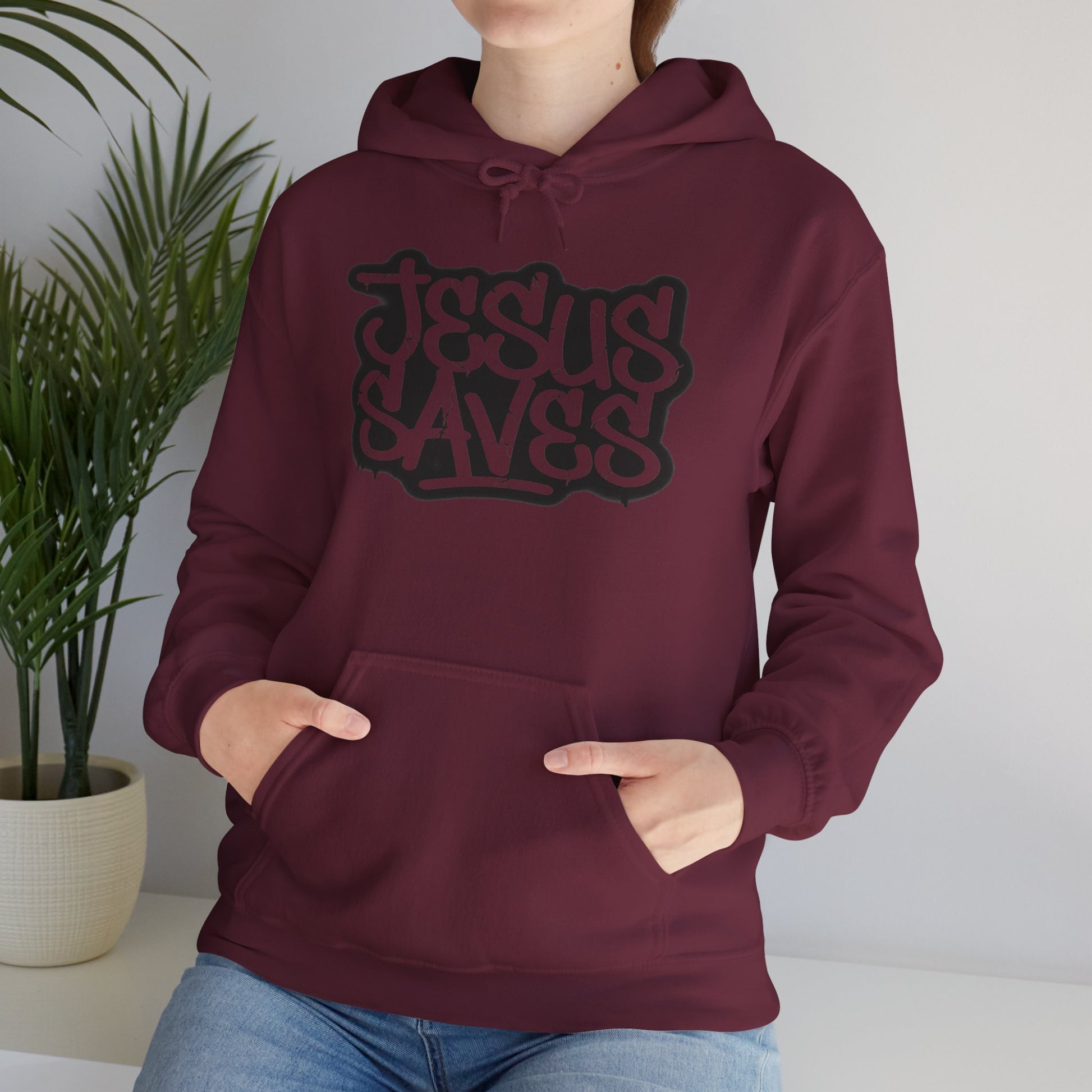 Jesus Saves graffiti hoodie front view white unisex  

