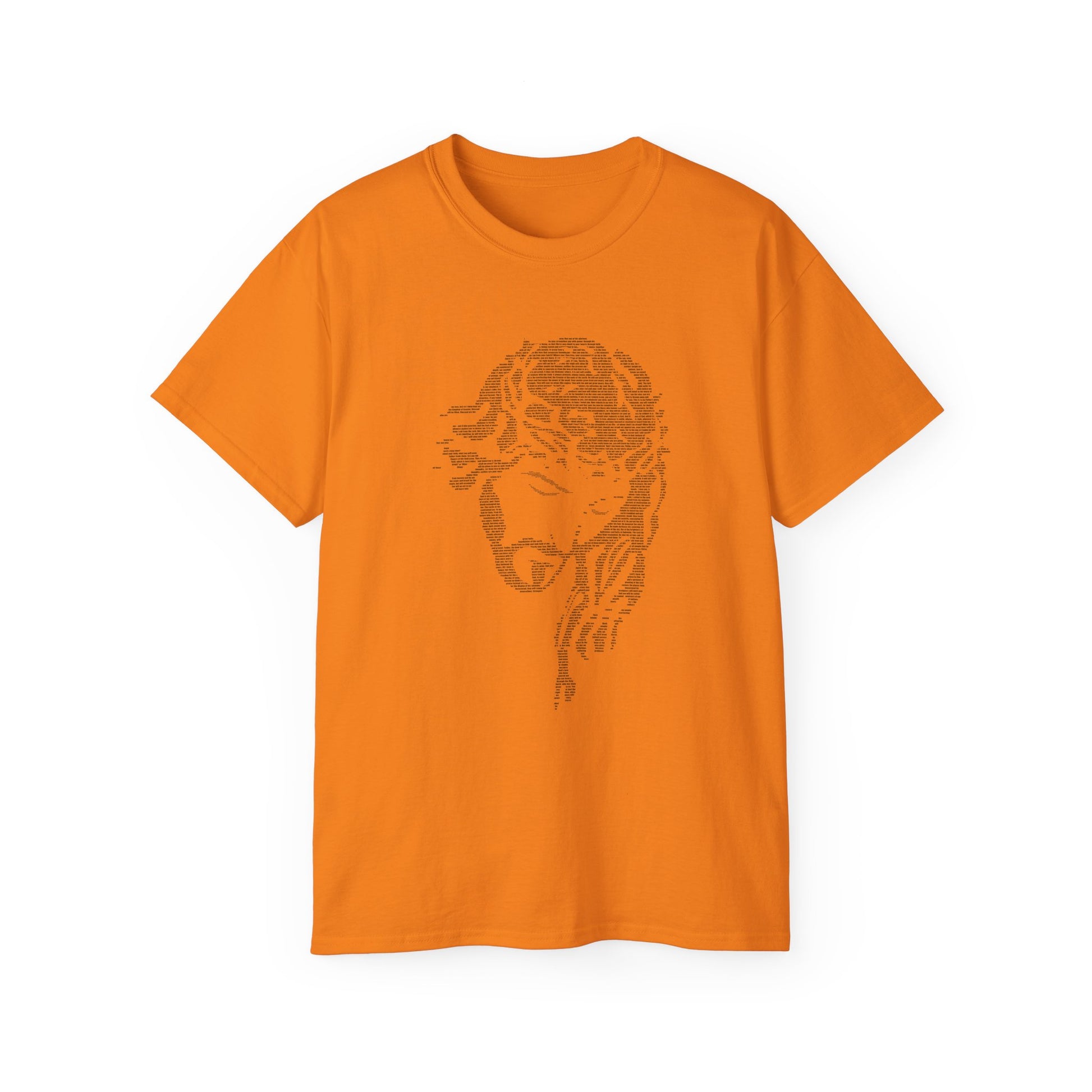 Orange t-shirt with a graphic design on a white background