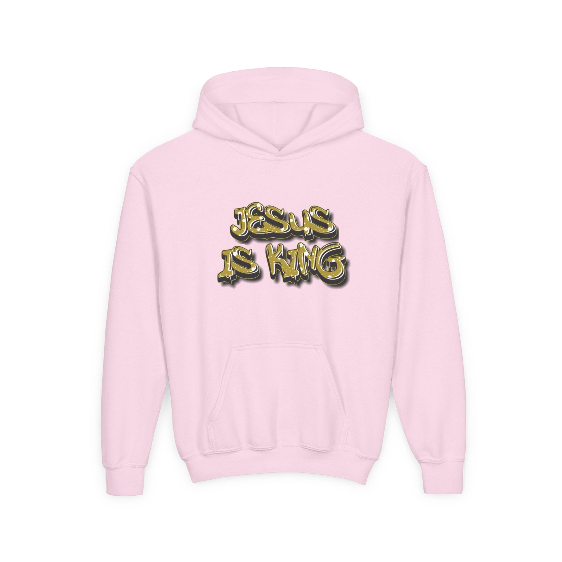 Youth gold on black 'Jesus Is King' hoodie, urban Christian apparel for young believers.

