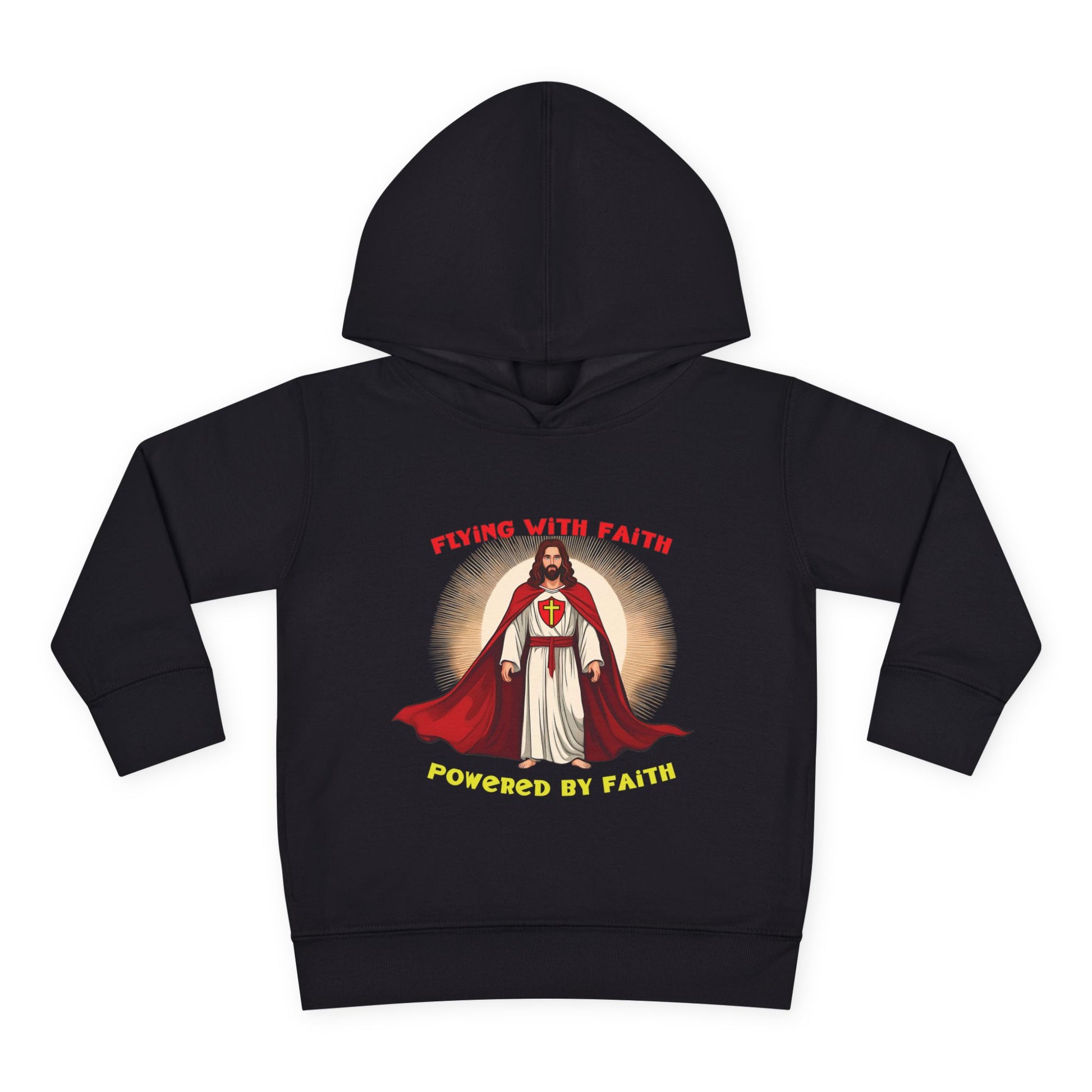 Toddler blue hoodie with Flying with Faith text and superhero Jesus graphic, vibrant Christian kids apparel

