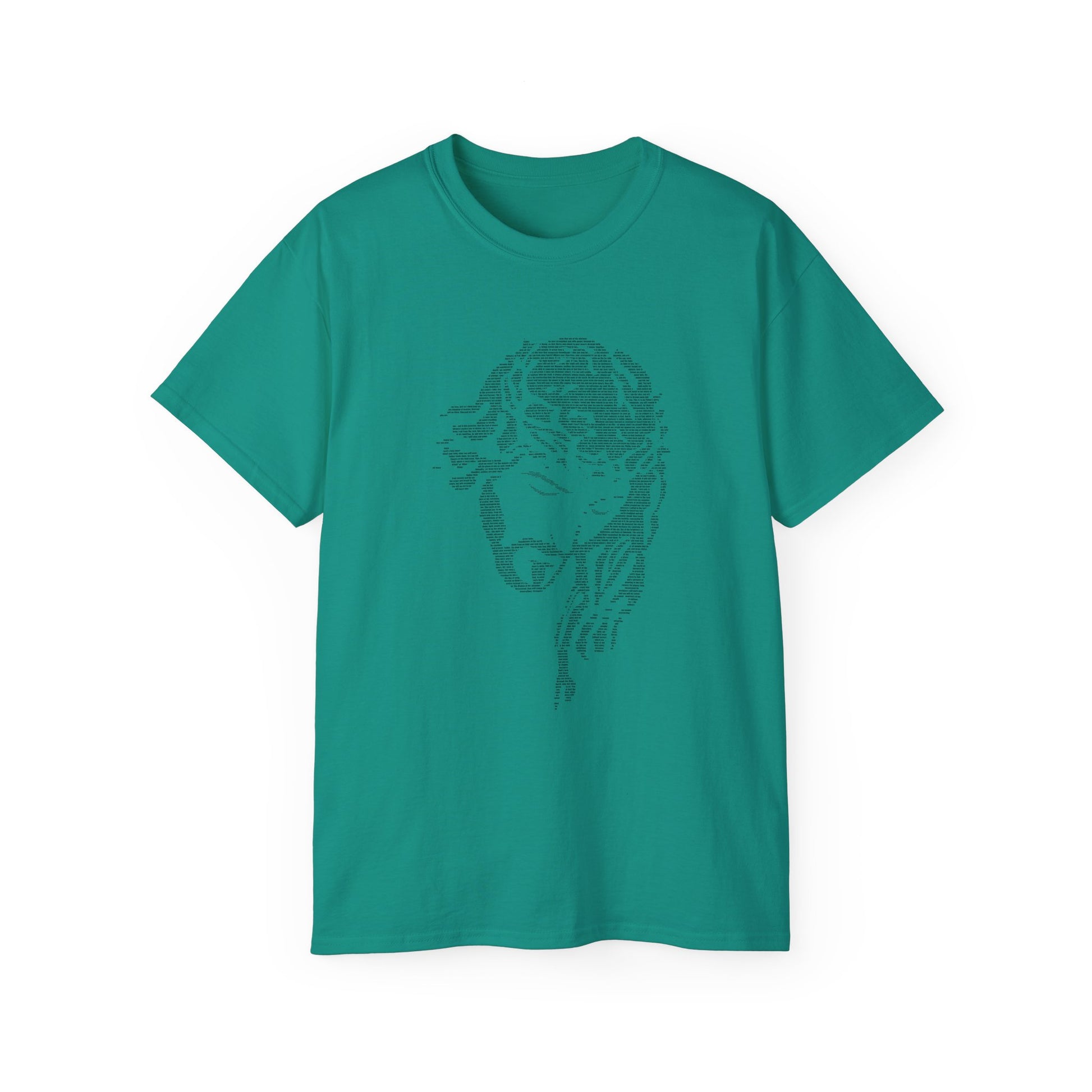 Teal t-shirt with a graphic design on a white background