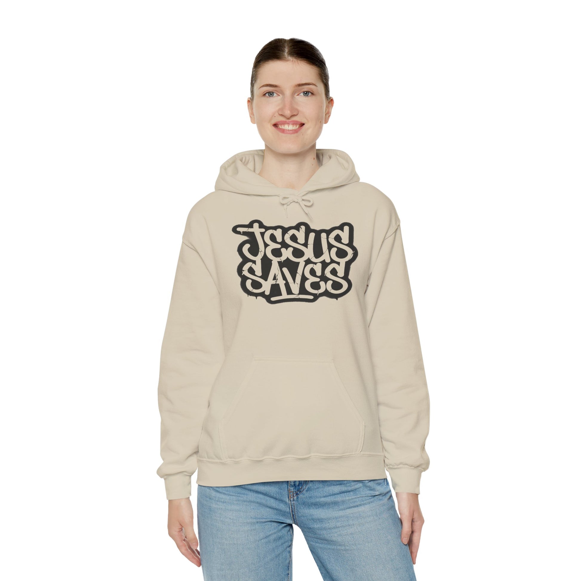 Jesus Saves graffiti hoodie front view white unisex  

