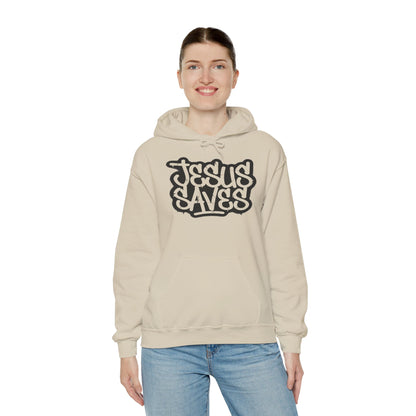 Jesus Saves graffiti hoodie front view white unisex  

