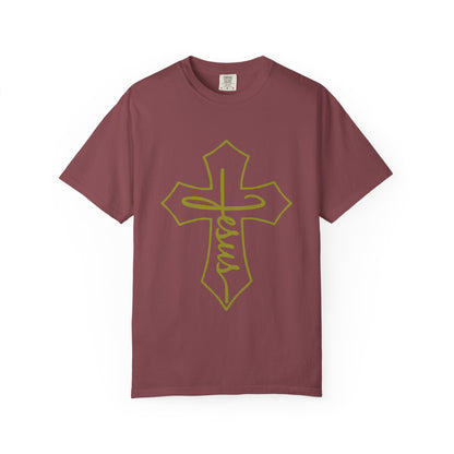 Maroon t-shirt with yellow cross and 'Jesus' text on a white background