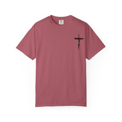Men's white T-shirt with black cross and John 3:16 Bible verse, Christian faith apparel.

