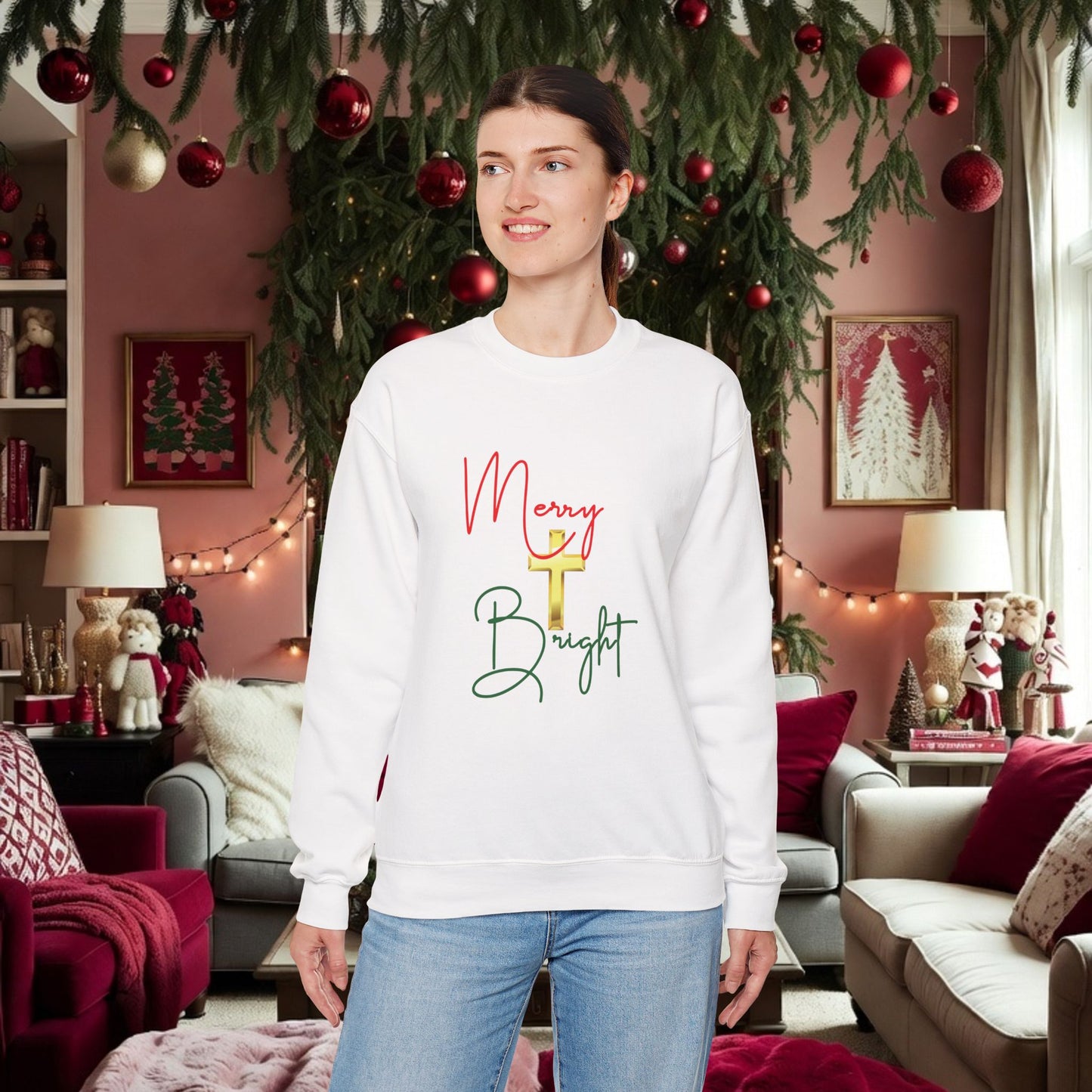 Merry & Bright Gold Cross Christmas Shirt – Faith Holiday Tee