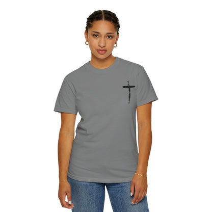 Men's white T-shirt with black cross and John 3:16 Bible verse, Christian faith apparel.

