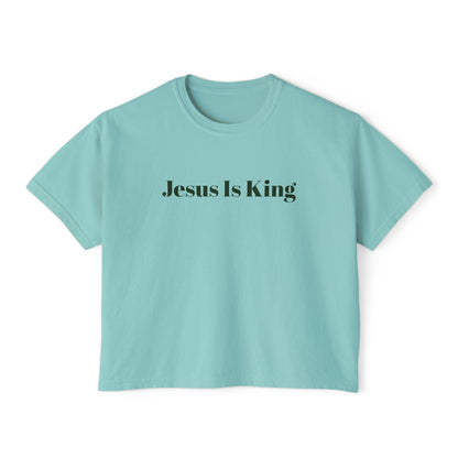 Light blue t-shirt with 'Jesus Is King' text on a white background