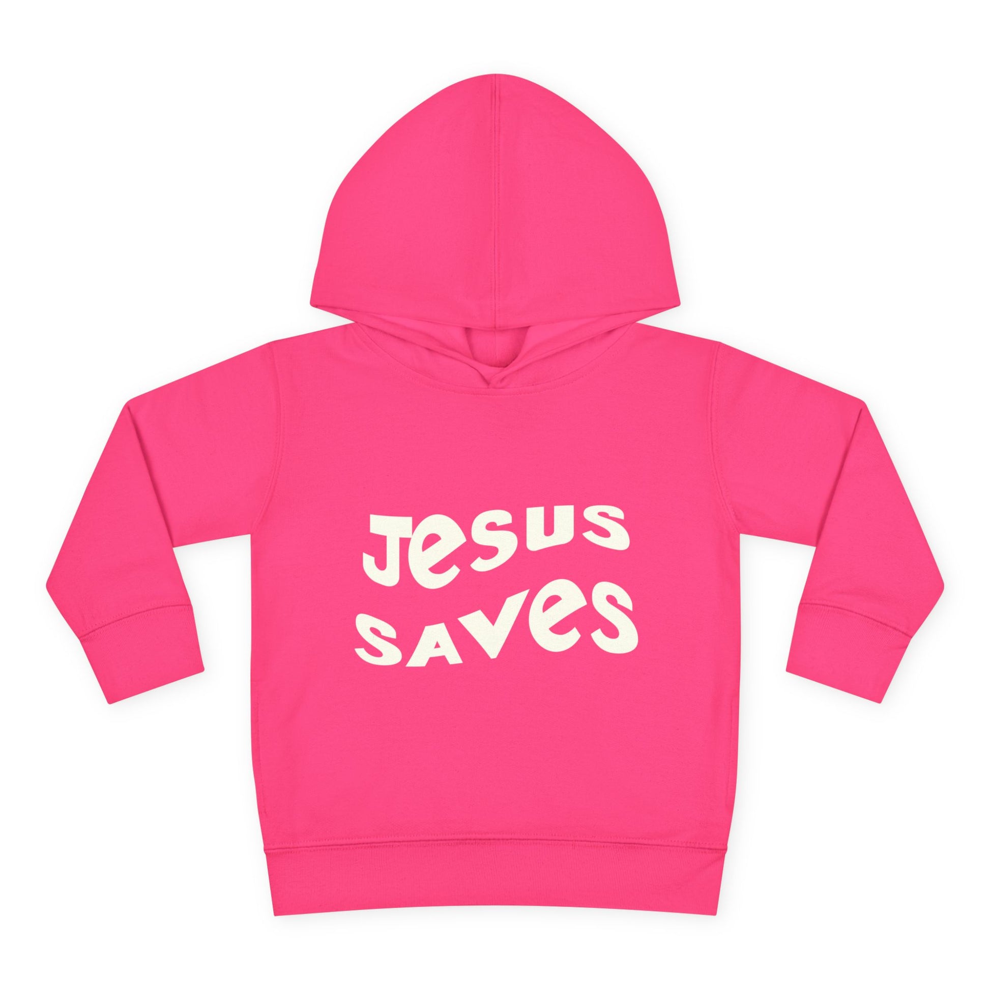 Kids' hoodie with 'Jesus Saves' text and cross graphic, vibrant Christian faith apparel for children.