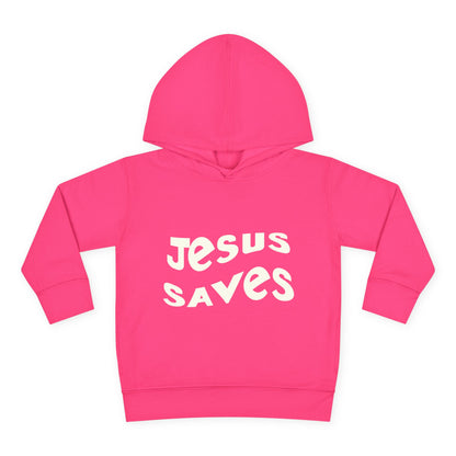 Kids' hoodie with 'Jesus Saves' text and cross graphic, vibrant Christian faith apparel for children.