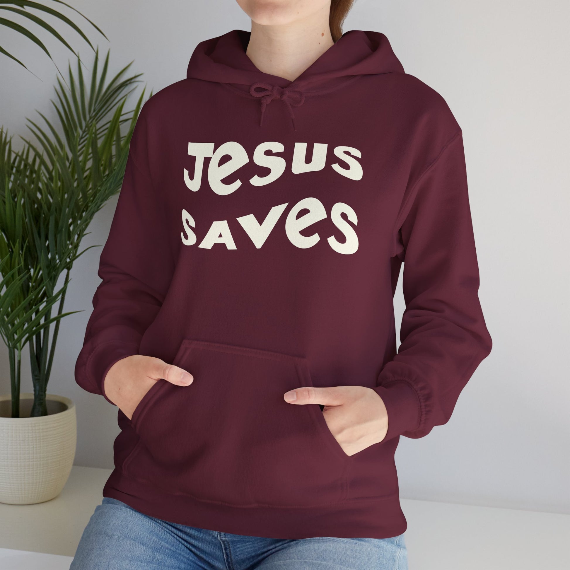 Women’s Christian hoodie with 'Jesus Saves' text, floral cross design, faith apparel for women

