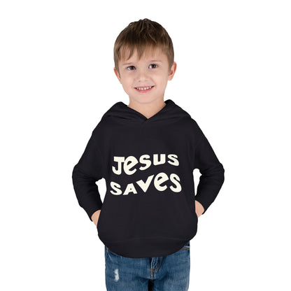 Kids' hoodie with 'Jesus Saves' text and cross graphic, vibrant Christian faith apparel for children.