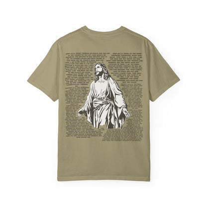 Men's white T-shirt with black cross and John 3:16 Bible verse, Christian faith apparel.

